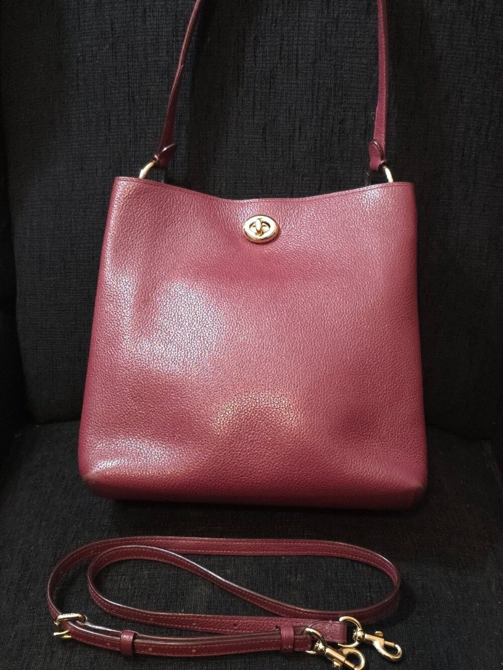 Coach Deep Red Pebble Leather Charlie Bucket Bag with Crossbody Strap